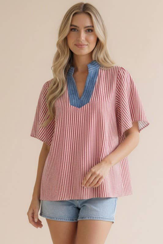 Plus- Stitched Neck Band Flutter Sleeve Stripe Top