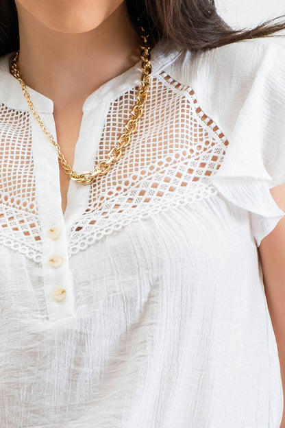 BROOKE LACE YOKE BUTTON DOWN SPLIT NECK BLOUSE