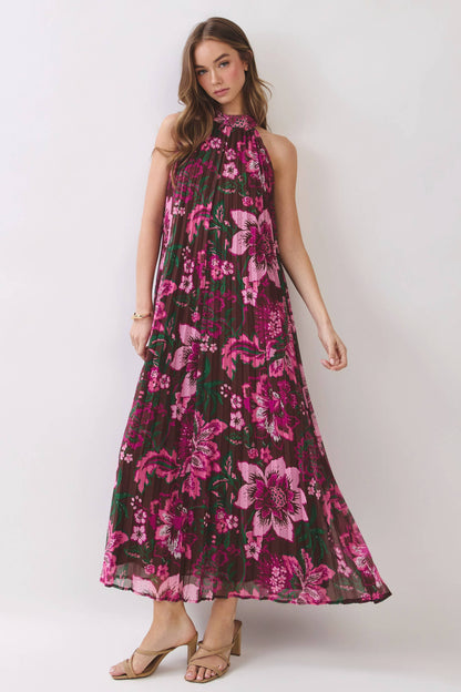 Everleigh Floral Print Pleated Halter Maxi Dress