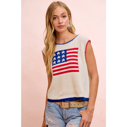 BESTY 4TH OF JULY THEME SLEEVELESS STITCH KNIT TOP