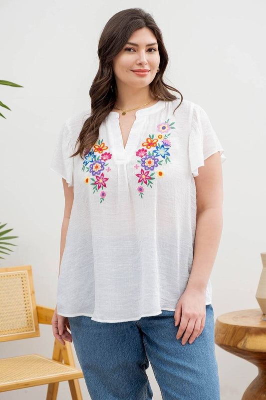 BELLA PLUS FLORAL EMBROIDERY SPLIT NECK BLOUSE
