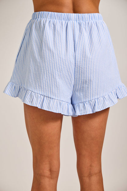Green Pepper Stripe Ruffle Shorts With Contrasting Drawstring
