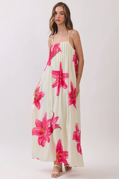 Sun Rise Floral Pleated Maxi Dress with Adjustable Straps