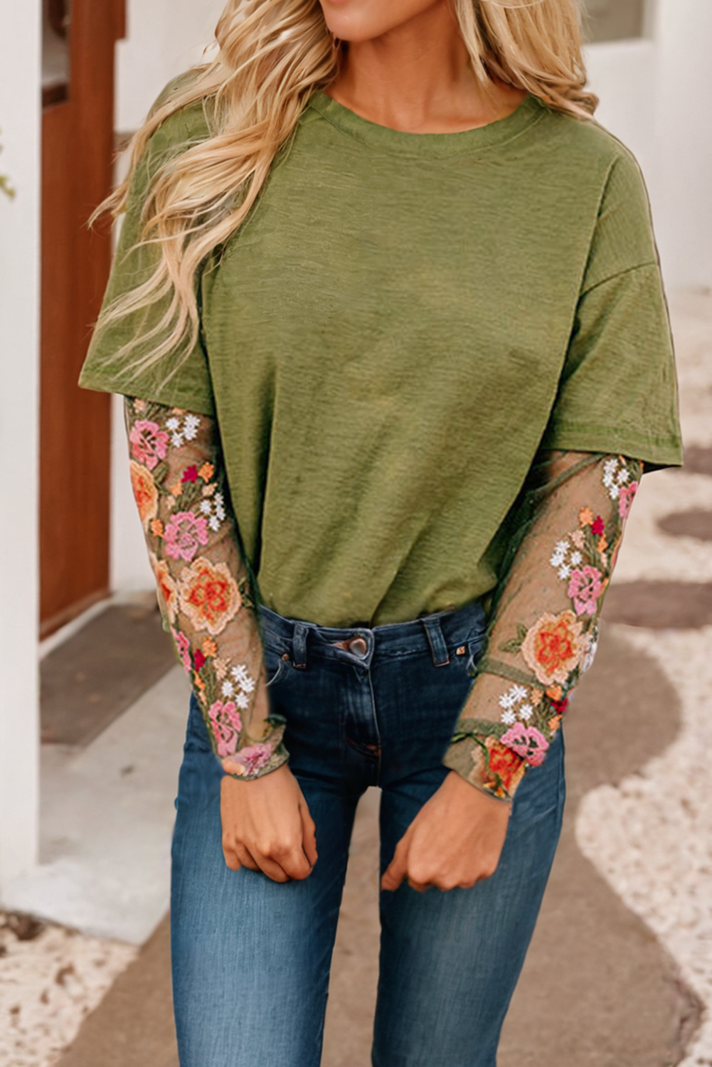 Ava Floral Embroidered Mesh Patchwork Sleeve Crewneck Top