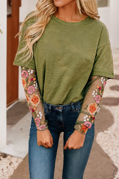 Ava Floral Embroidered Mesh Patchwork Sleeve Crewneck Top
