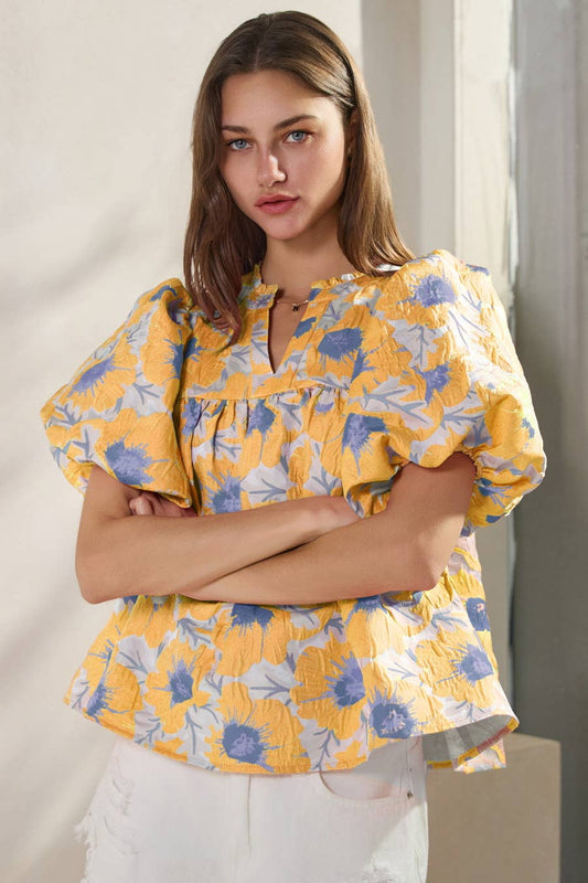 Floral Satin Weave Jacquard Babydoll- Lainy Blouse