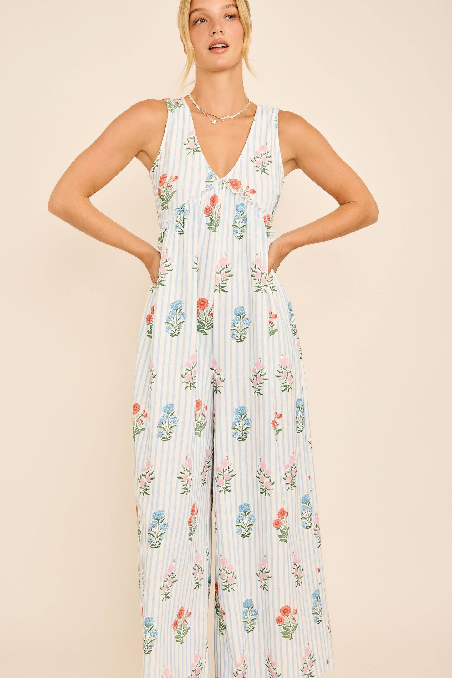 Maggie Floral Stripe V-Neck Backless Jumpsuit