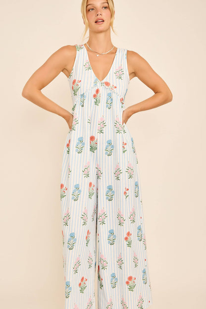Maggie Floral Stripe V-Neck Backless Jumpsuit