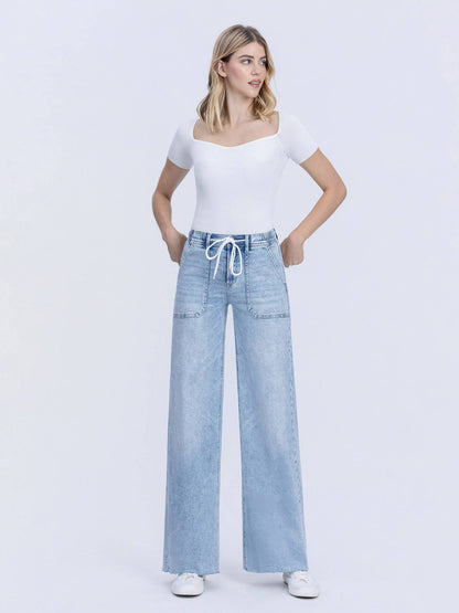 KIM HIGH RISE DRAWSTRING WAISTBAND WIDE LEG JEANS