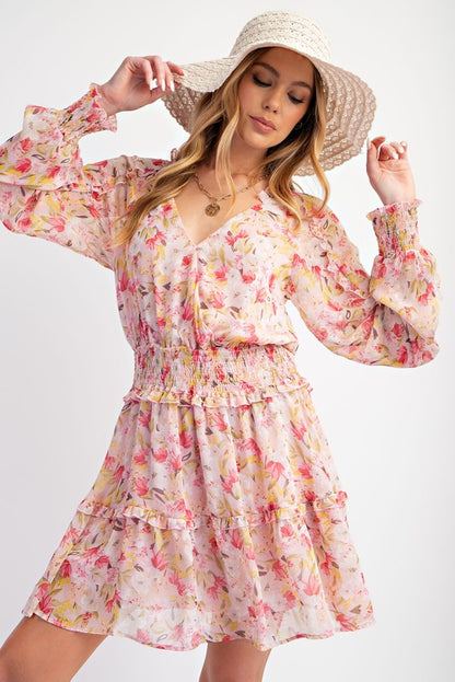 Jaylene Dress - SILKY FLORAL CHIFFON RUFFLED DRESS