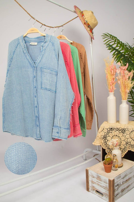 Diana Oversized Washed Woven Crinkled Gauze Shirt Top